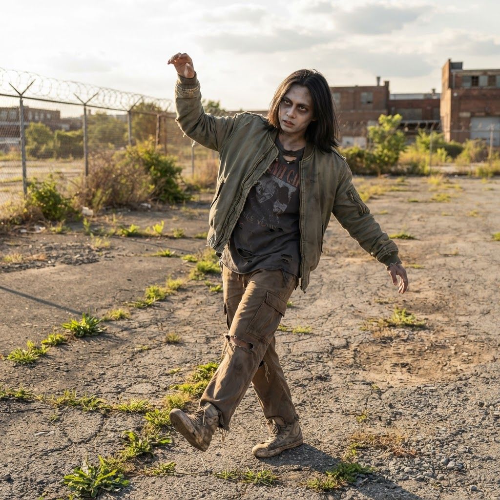 Daylight Zombie in Torn Streetwear: Wide, full-body daylight portrait in an empty lot where weeds break through cracked pavement.