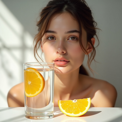 AI-generated photo: Photorealistic editorial beauty photograph in bright midday light where a clear cylindrical glass of...