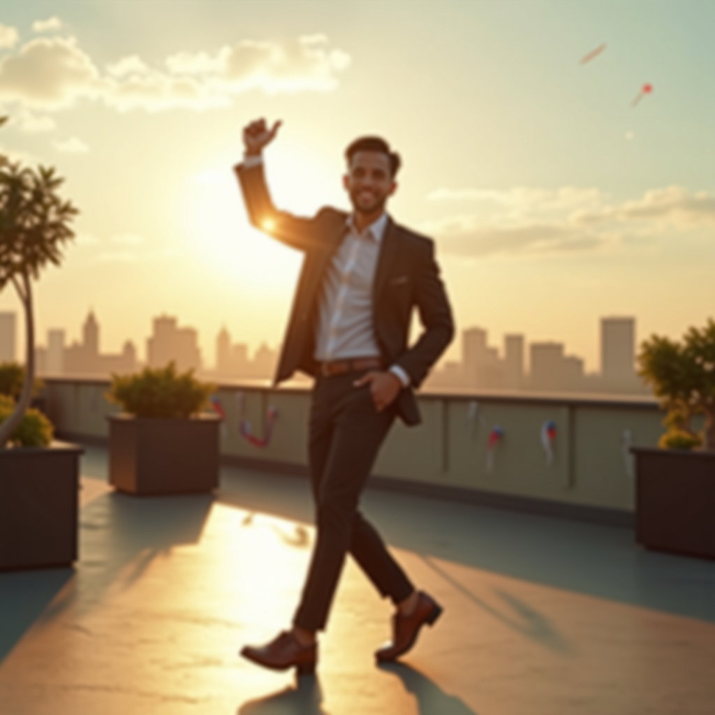 Full-Body Birthday Pose Ideas That Look Confident example: Photorealistic portrait photography. Motion/action birthday image on a sunlit rooftop terrace, with the person stepping