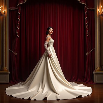 AI-generated photo: Photorealistic luxury bridal editorial photography on a historic theater stage framed by deep burgun...