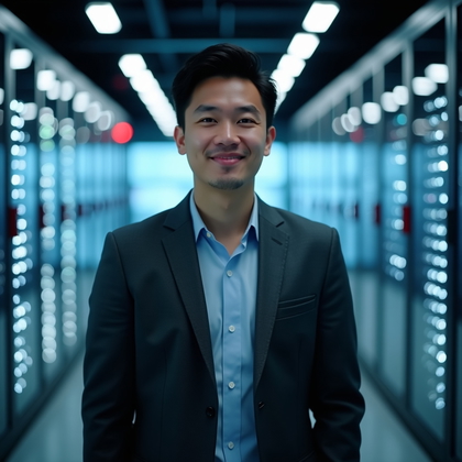 Professional headshot. Tech-forward corridor by a glass server room where softly blinking status lights create a cool, abstract bokeh, with chest-up framing angled slightly to the corridor’s leading lines; charcoal blazer over a crisp shirt, hands lowered and out of frame, approachable yet focused expression. A cool, soft key from camera-right balances with a warm accent glow from the background to add depth, clean reflections controlled on the glass, and precise, modern retouching that preserves a corporate-real aesthetic.