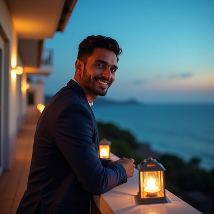 Flirty Over-the-Shoulder Turn example: Dating profile photo. Environmental portrait on a luxury balcony overlooking the ocean, with the subject leaning gently