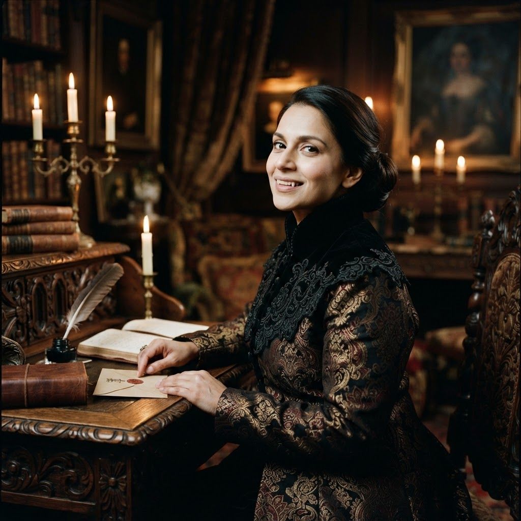 Velvet-Collar Vampire Portrait: Half-length vampire portrait at an antique writing desk, angled toward a sealed letter under one hand.