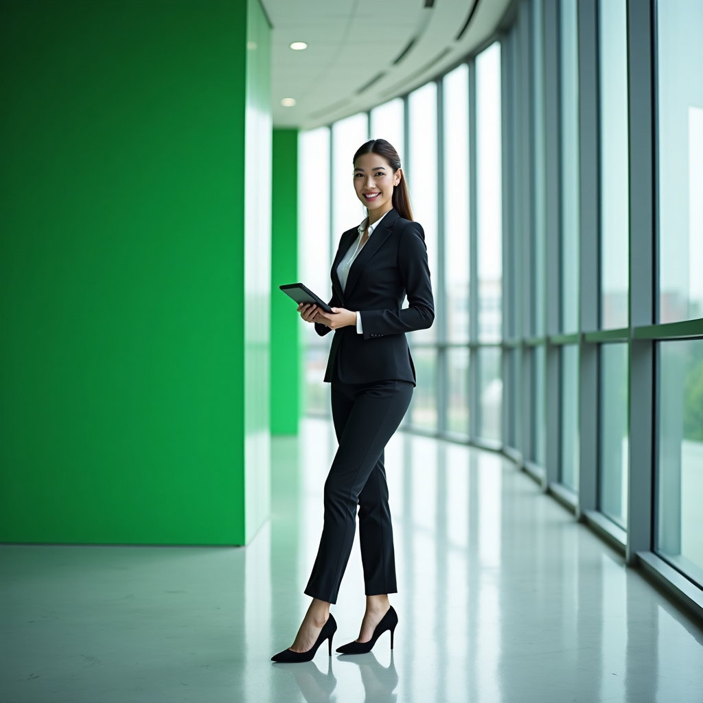 Pride Profile Picture Headshots With One Bold Color example: Professional corporate portrait photography. Full-body portrait in a glass-walled office corridor with one vivid emerald