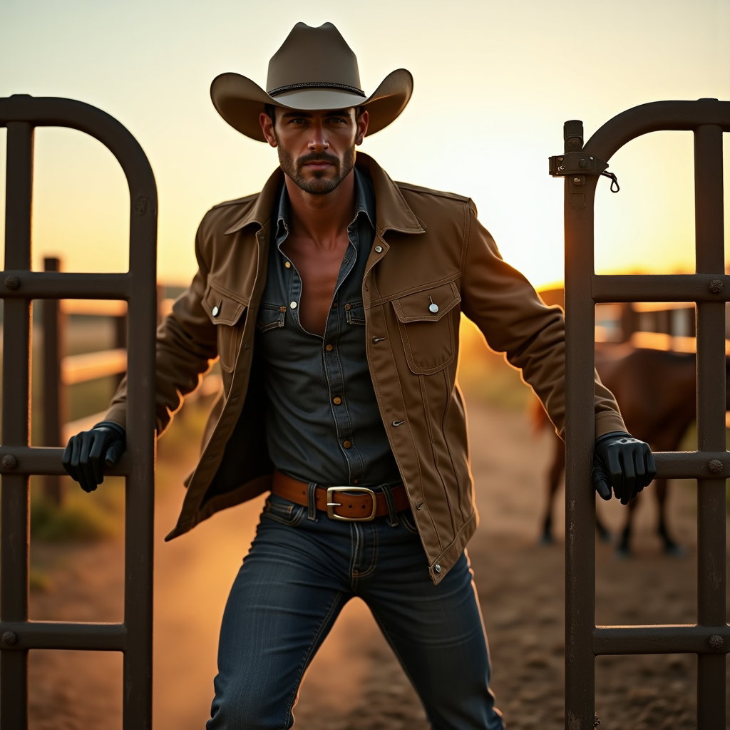 AI-generated photo: Photorealistic fashion photography. A cowboy workwear action portrait set beside a livestock pen, wi...