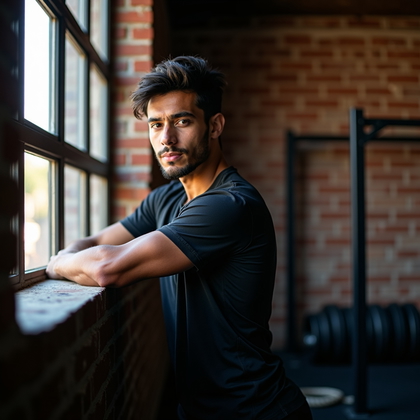 AI-generated photo: Photorealistic natural-light portrait photography of a subject leaning one hand on the window frame ...