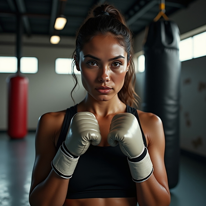 AI-generated photo: Photorealistic boxing-gym close-up portrait photograph: positioned against a scuffed heavy bag and c...