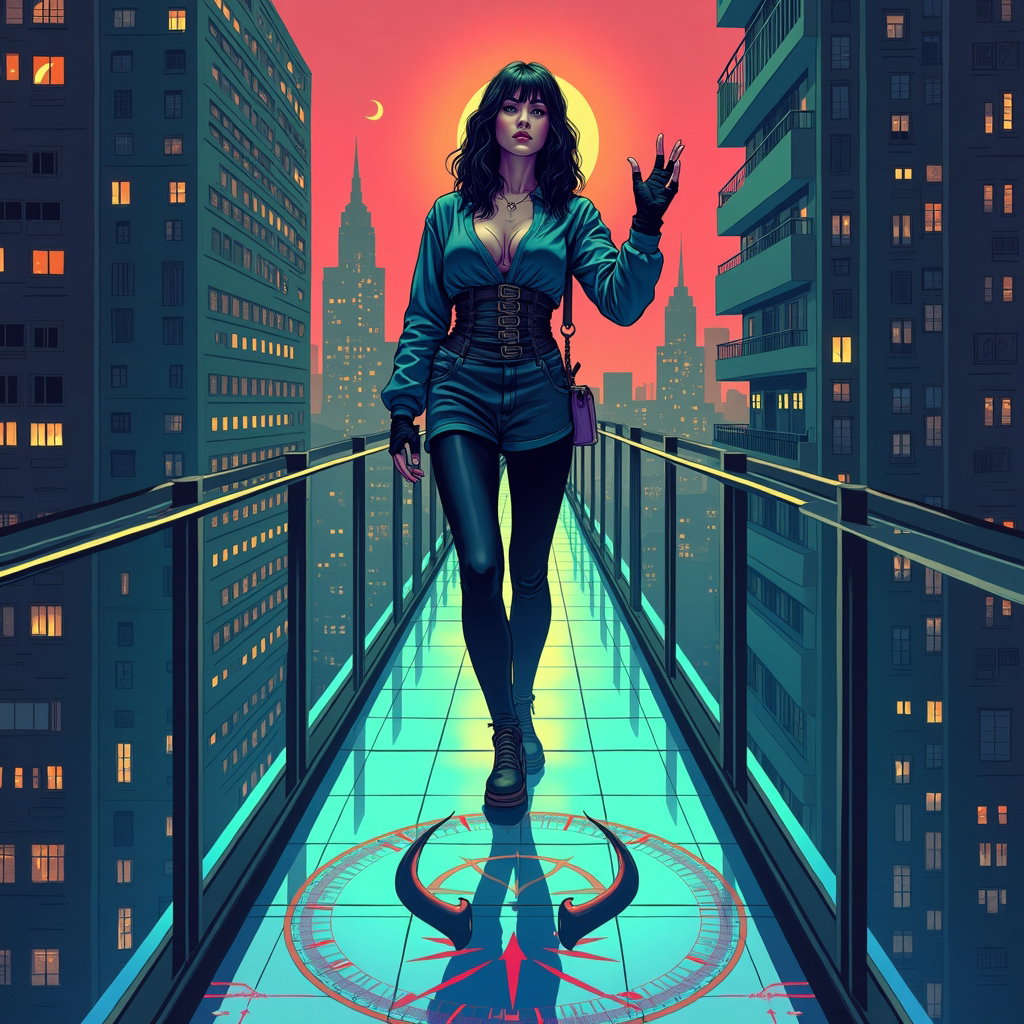 Rooftop Demon Hunt Action Portrait example: Holographic K-pop demon-hunter tarot-card illustration. Design a vertical collectible-card composition with the hunter s