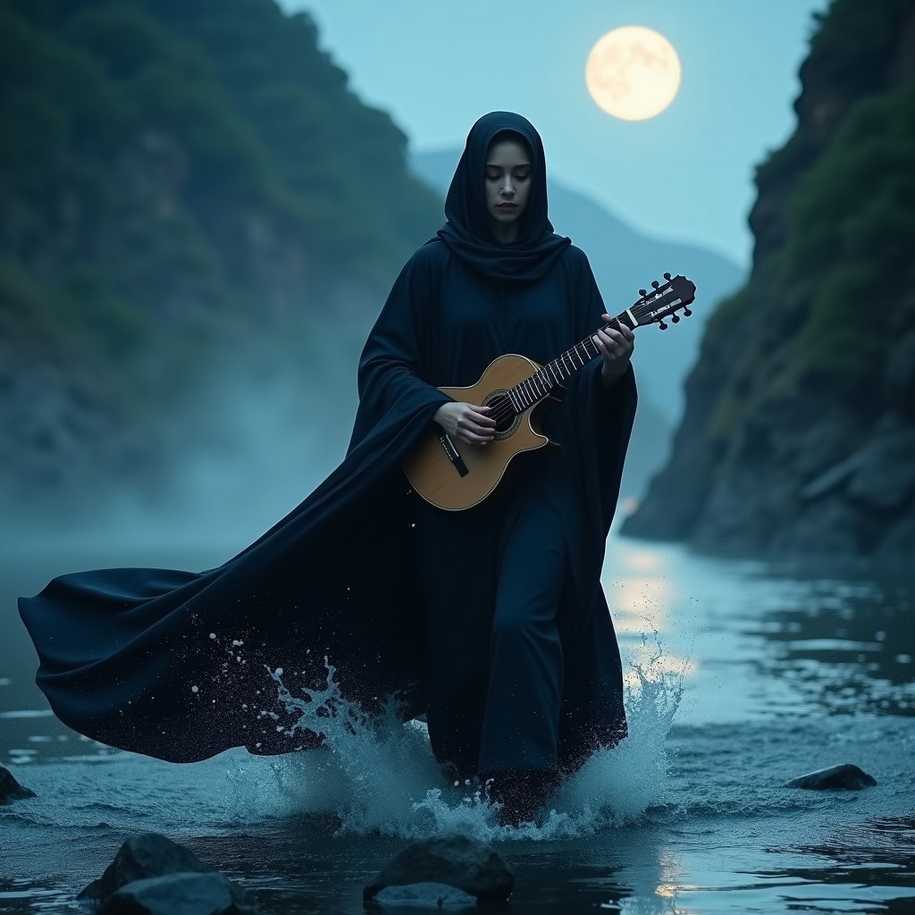 Solo Orpheus Moonlit Poet-Hero Portrait example: Cinematic mythological portrait photography. Motion portrait crossing dark river stones in an underworld-inspired landsc