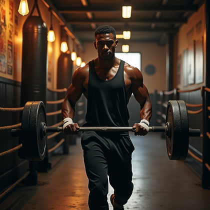 AI-generated photo: Photorealistic fitness photography of a farmer’s carry inside an old-school boxing gym, striding the...