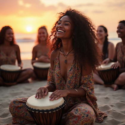 AI-generated photo: Lifestyle photo capturing a woman immersed in the rhythmic pulse of a drum circle on a sandy beach a...