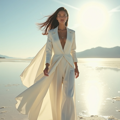 AI-generated photo: Photorealistic fashion editorial portrait photo on sunlit desert salt flats with a sweeping horizon ...