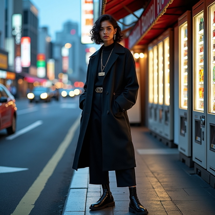 AI-generated photo: Fashion editorial street photography, a premium Tokyo-inspired street style portrait captured on a f...