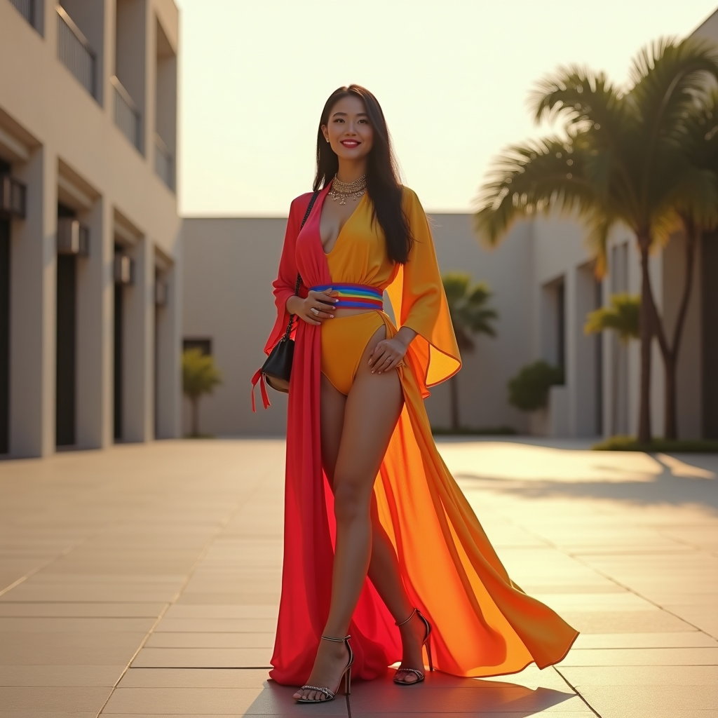 Heritage-Inspired Pride Portraits That Blend Culture and Identity example: Photorealistic full-body portrait photography. The subject poses confidently in a modern courtyard or open plaza, wearin