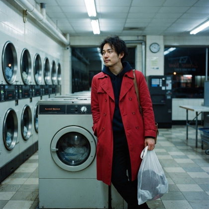 A single subject leans against a washing machine in an empty late-night laundromat, holding a mesh laundry bag at their side. A cherry-red trench coat adds color to the rows of pale machines. Fluorescent ceiling lights and reflections on the tiled floor set a quiet mood; eye-level waist-up composition, nostalgic film photography.