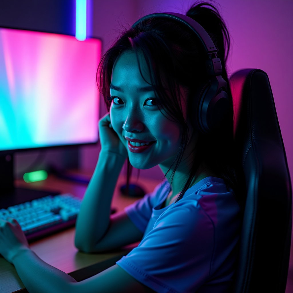 AI-generated photo: Photorealistic neon gel-lit portrait photography. Medium close-up of a gamer sitting at an RGB-lit d...