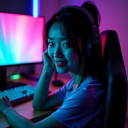 AI-generated photo: Photorealistic neon gel-lit portrait photography. Medium close-up of a gamer sitting at an RGB-lit d...