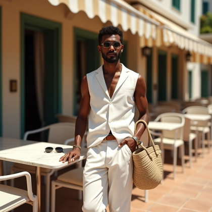 Café Terrace Solo Portraits With Effortless Vacation Style example: Photorealistic half-body fashion portrait. A solo subject leans casually against a marble café table, face clearly shown