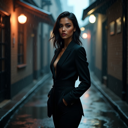 AI-generated photo: Photorealistic studio portrait on a rain-slick alleyway set, with a bold window-mullion gobo slicing...