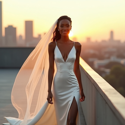 AI-generated photo: Photorealistic wedding photography — modern rooftop at golden hour, city skyline bokeh behind as the...
