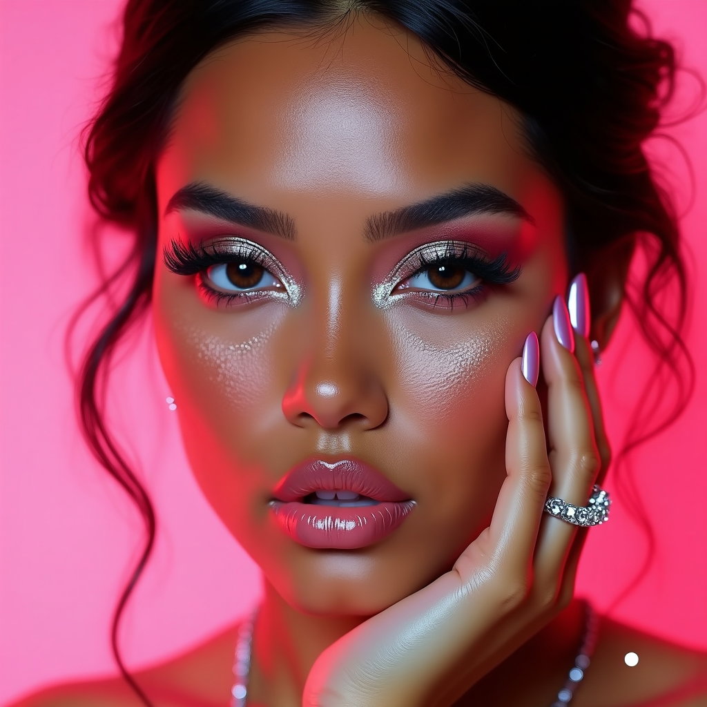 Glam Pop Diva Beauty Album Cover Photos example: Photorealistic glam pop album cover close-up. Create an ultra-polished beauty portrait with the face centered and clearl