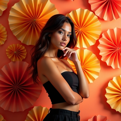 AI-generated photo: Photorealistic studio portrait photograph against a wall of oversized paper rosettes arranged in a c...