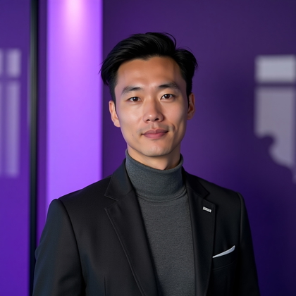 AI-generated photo: Professional headshot: saturated royal purple backdrop with a single glossy vertical accent panel an...