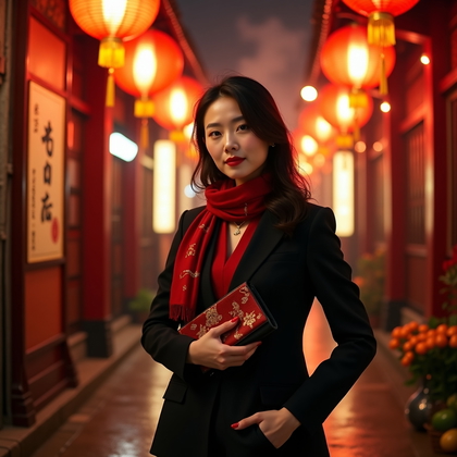 AI-generated photo: Photorealistic lifestyle fashion photo: Lunar New Year night scene under a canopy of red lanterns an...