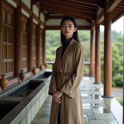 AI-generated photo: Photorealistic fashion portrait photography. A contemplative shrine portrait captured near a purific...