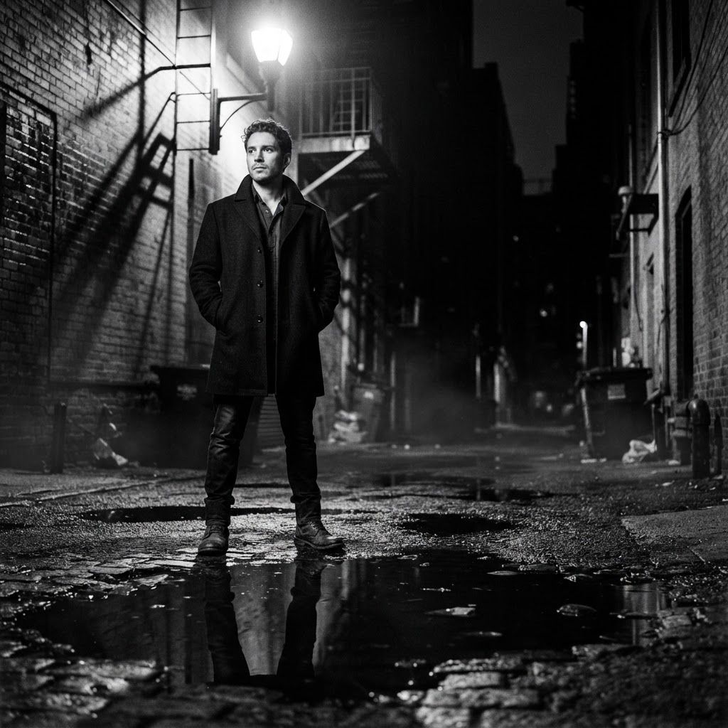 Rainy Alley Stakeout: Low, puddle-forward full-body noir portrait of a solitary figure under a streetlamp in a slick alley, hands tucked into a dark overcoat,…