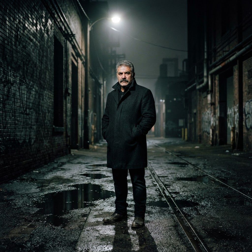Rainy Alley Stakeout: Wide full-body cinematic portrait of one solitary detective-like figure standing farther down a wet industrial alley, hands in heavy wool…