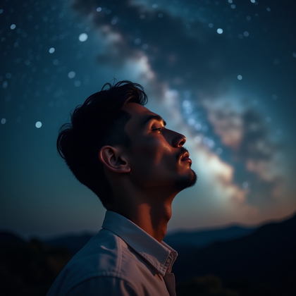 AI-generated photo: Photorealistic astro portrait photograph, the subject faces the camera with head slightly tilted bac...