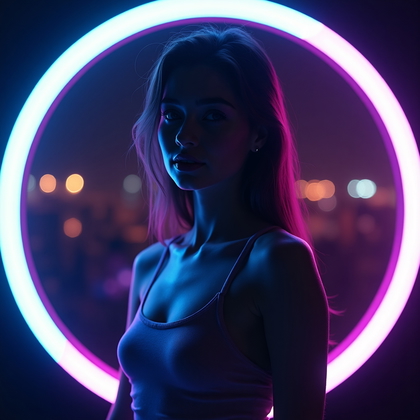 AI-generated photo: Photorealistic neon gel portrait photography. Waist-up portrait of the subject framed off-center, st...