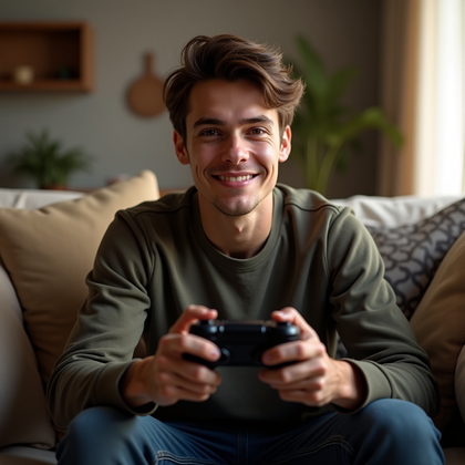 AI-generated photo: Photorealistic portrait photography. A relaxed gamer sits on a cozy sofa in a softly lit room, holdi...