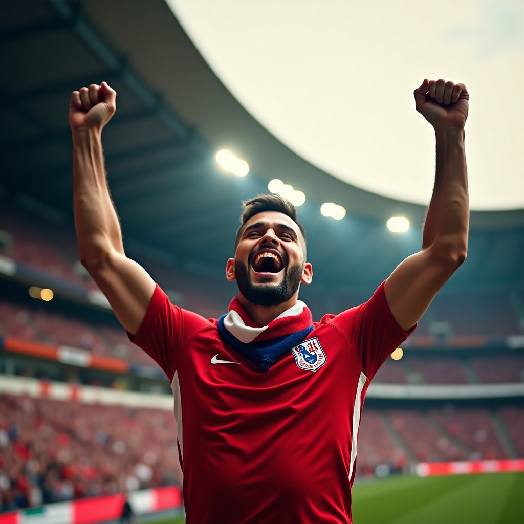 Victory Roar Celebration Portraits example: Photorealistic editorial sports portrait photography. Centered hero image of the fan raising both arms in a V-shape whil
