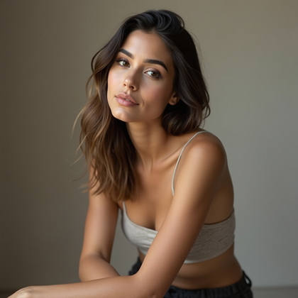 AI-generated photo: Photorealistic beauty portrait photography. The subject is seated on a simple stool in front of a mu...