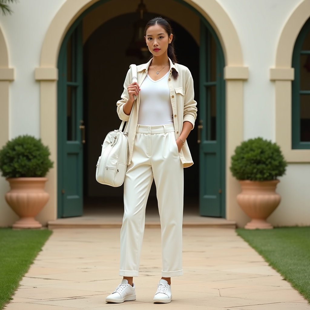 Off-Court Clubhouse Tenniscore Portraits example: Photorealistic fashion portrait photography. Full-body portrait at the clubhouse entrance, the subject standing with one