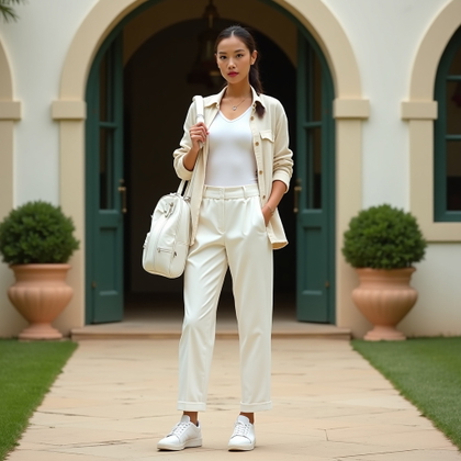 Off-Court Clubhouse Tenniscore Portraits example: Photorealistic fashion portrait photography. Full-body portrait at the clubhouse entrance, the subject standing with one