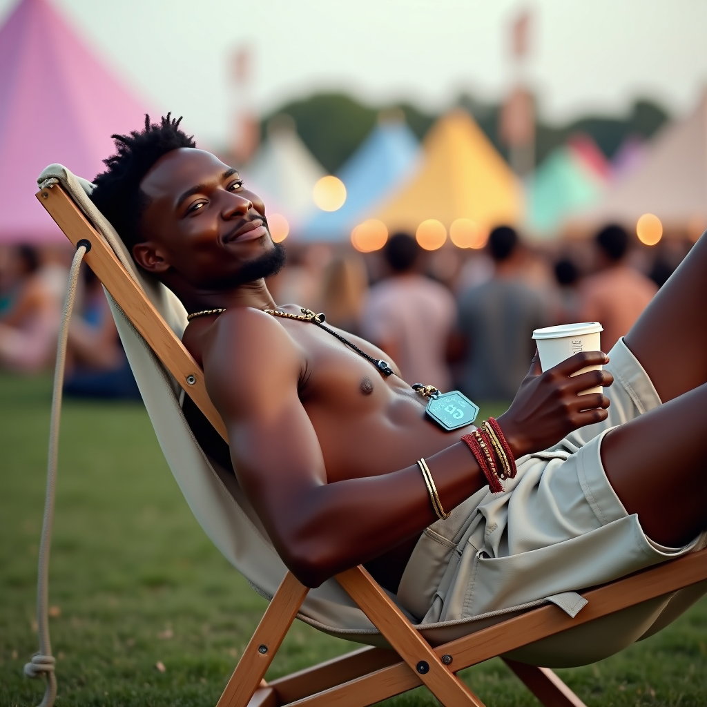 Relaxed Grass Lounge Portrait example: Photorealistic festival half-body portrait photography. A waist-up portrait of the person lounging sideways in a low can