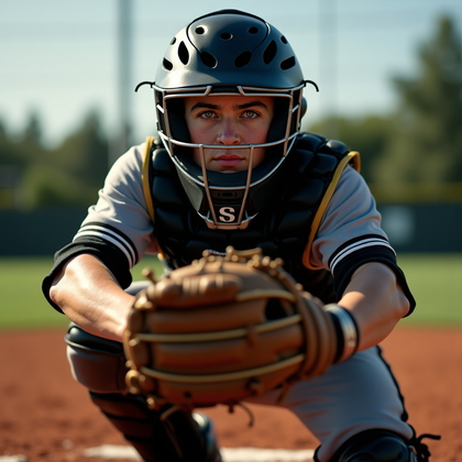 AI-generated photo: Photorealistic sports photography of a catcher in a deep crouch facing the camera with the mitt held...