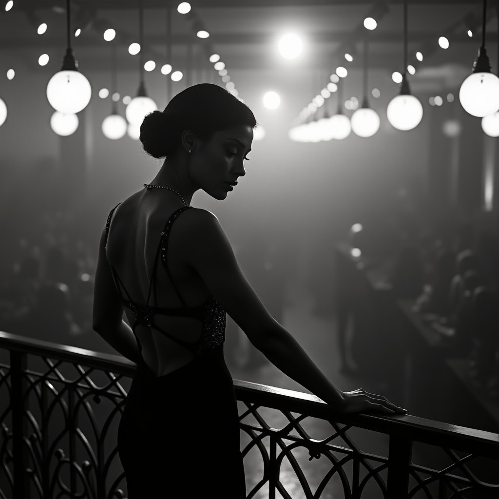 AI-generated photo: 1920s gelatin silver speakeasy portrait photograph: on the wrought-iron mezzanine balcony overlookin...