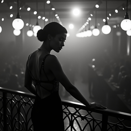 AI-generated photo: 1920s gelatin silver speakeasy portrait photograph: on the wrought-iron mezzanine balcony overlookin...