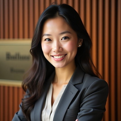 Professional headshot photography. Close-up LinkedIn portrait in front of a warm walnut slat feature wall with a small blurred brass company plaque in the distance, framed from collarbone upward as the subject makes a subtle over-the-shoulder turn toward the viewer with the face clearly visible and a composed, hire-ready expression. Style with a structured business jacket and clean neutral layer; soft wraparound lighting, warm highlights, gentle background blur, polished natural retouching, and a refined tan, charcoal, and brass palette.