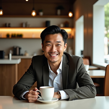 Dating profile photo, a half-body lifestyle portrait at a minimalist espresso bar, with the subject seated at the counter, one hand resting near a ceramic cup, shoulders open, and an amused expression directed at the viewer. Use polished smart-casual styling, warm café lighting, walnut wood and cream tile textures, uncluttered background details, and a sophisticated everyday-date mood.
