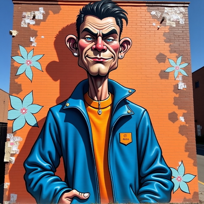 AI-generated photo: Spray-paint graffiti caricature mural — an urban brick wall in a sunlit lot, framed by wheat-paste s...