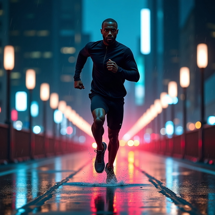 AI-generated photo: Photorealistic fitness photography of a solo sprinter exploding into motion on a rain-slicked city s...