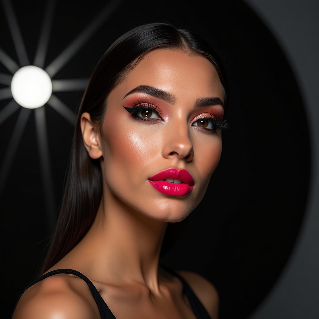 AI-generated photo: Photorealistic fashion-beauty hybrid portrait, medium-close view from mid-chest up with the subject ...