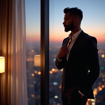 Photorealistic dating profile photo: In a high-floor hotel suite at twilight, floor-to-ceiling windows reveal a glowing skyline while sheer curtains drift, the figure stands near the glass with a confident quarter-turn toward the city and a slow, alluring glance back to the camera. Elegant eveningwear with subtle sheen and minimal accessories, one hand adjusting the collar line, the other resting at the hip. Ambient practical lamps cast warm pools that counter the cool city glow, shaping a refined rim along the figure’s outline. Tight mid-torso framing with softened background detail keeps the face crisp and the mood intimate.