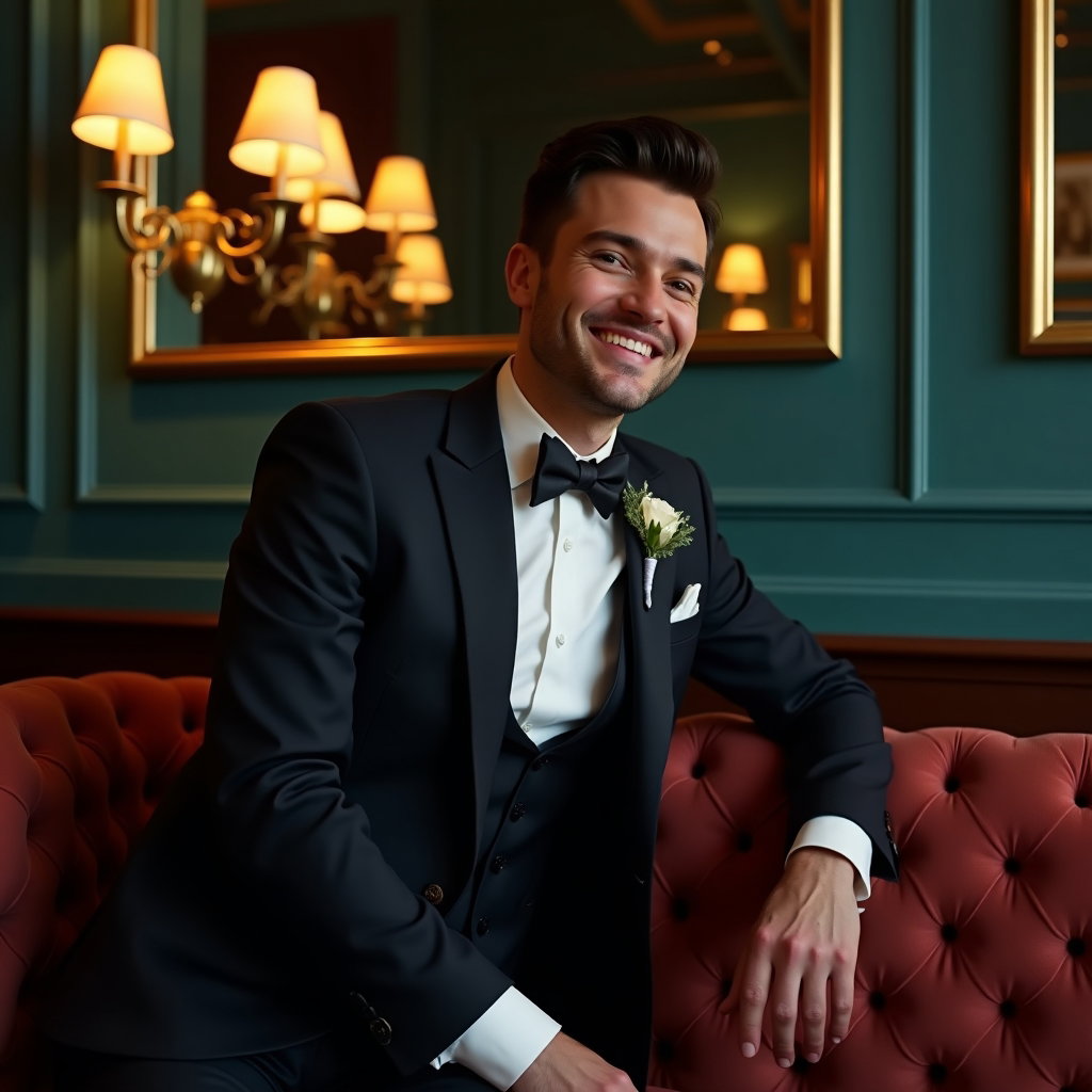 AI-generated photo: Photorealistic wedding photograph of a suited subject leaning casually into a plush velvet banquette...