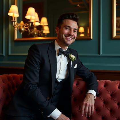 AI-generated photo: Photorealistic wedding photograph of a suited subject leaning casually into a plush velvet banquette...